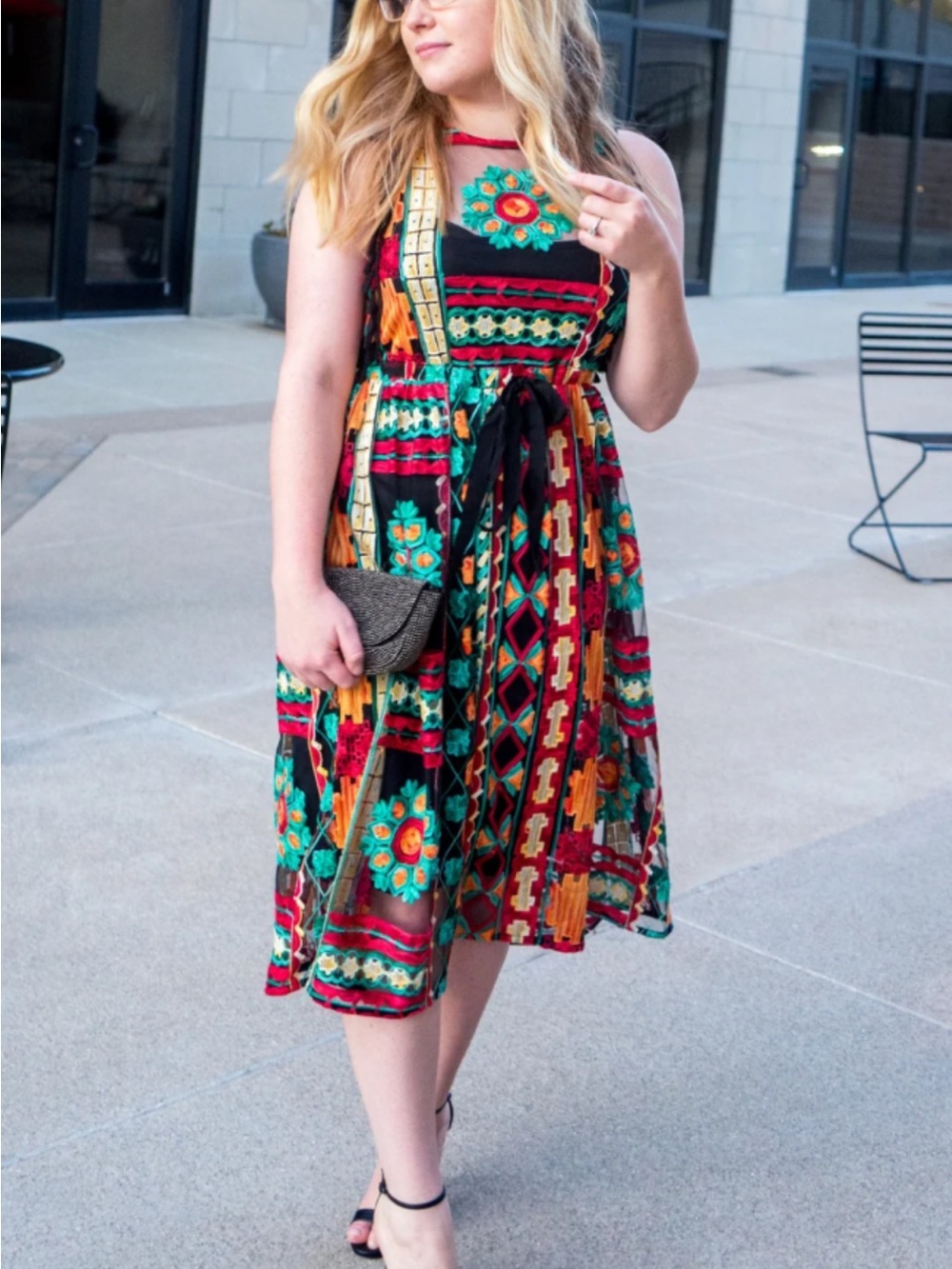 Eva Franco Black Floral & Geometric Midi Dress with Teal, Red & Yellow Accents